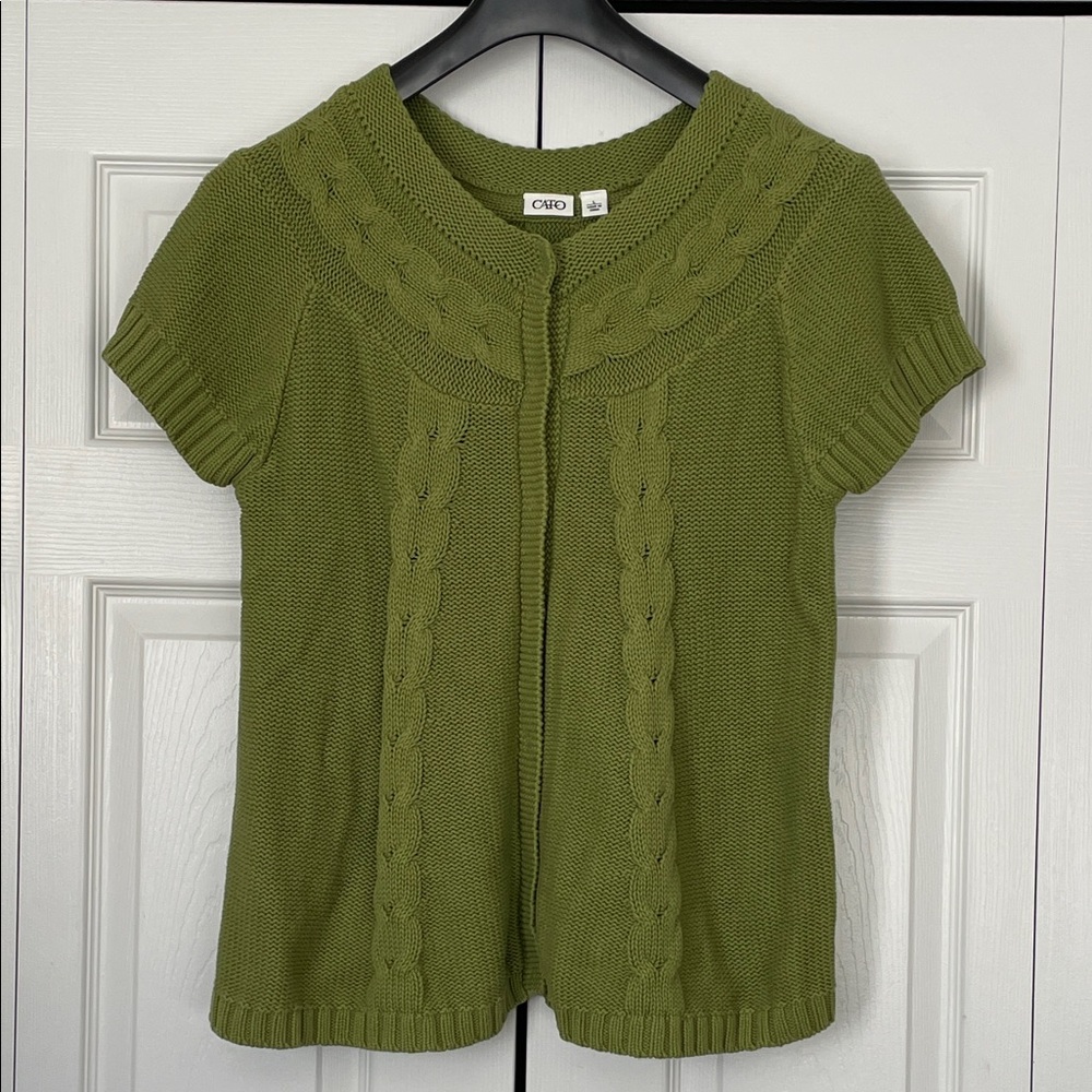 Cato Women's Sz Large Sweater Short Sleeve Green Hidden Snap Front Cable Knit